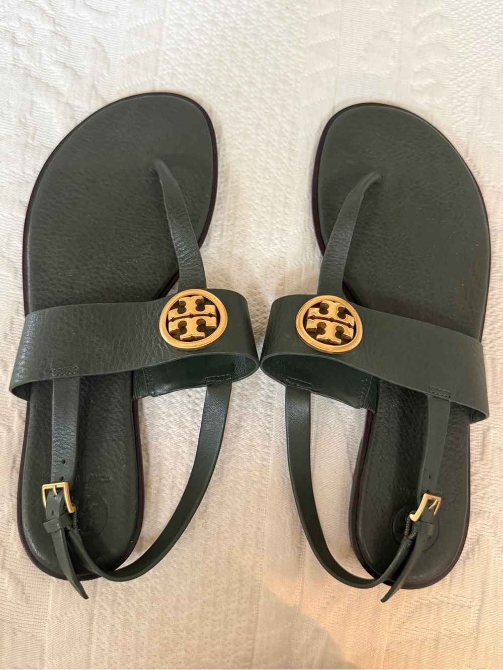 Tory Burch Forest Green Leather Logo Sling Sandals with Gold Emblem
